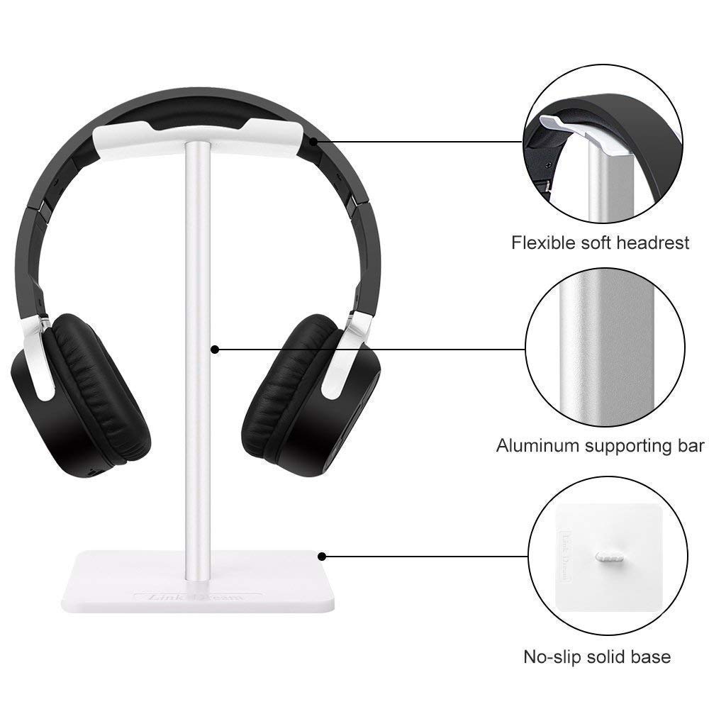 Link Dream Headphone Stand Headset Holder Gaming Headset Holder with Aluminum Supporting Bar Flexible Headrest Anti-Slip Earphone Stand for All Headphones, White