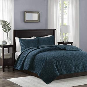 madison park harper quilt set-faux velvet casual geometric stitching design all season, lightweight coverlet, cozy bedding, matching shams, king/cal king(104"x94"), teal 3 piece