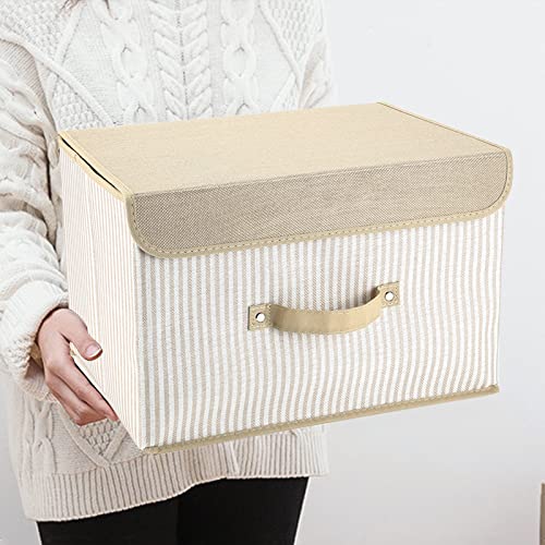 mee'life Storage Bins with Lids 2 Pack, Closet Organizers and Storage Containers Collapsible Storage Cubes Large Toy Storage Boxes Linen Fabric Storage Baskets for Clothes Toys Blanket - Beige Stripes