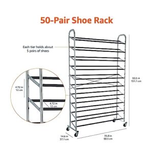 Amazon Basics 50-Pair Shoe Rack Organizer, Chrome, 35.8 x 14.6 x 59.5 inches