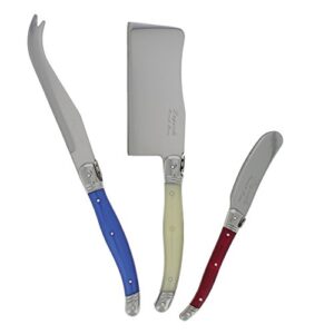 laguiole connoisseur cheese knife set of 3 – stainless steel cheese knives set – cheese spreader, spear & cleaver knife – luxurious charcuterie accessories for parties (3-piece, red/white/blue)