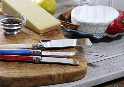 Laguiole Connoisseur Cheese Knife Set of 3 – Stainless Steel Cheese Knives Set – Cheese Spreader, Spear & Cleaver Knife – Luxurious Charcuterie Accessories for Parties (3-Piece, Red/White/Blue)