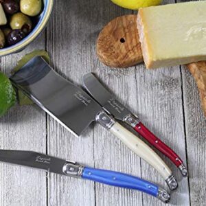 Laguiole Connoisseur Cheese Knife Set of 3 – Stainless Steel Cheese Knives Set – Cheese Spreader, Spear & Cleaver Knife – Luxurious Charcuterie Accessories for Parties (3-Piece, Red/White/Blue)