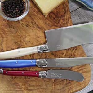 Laguiole Connoisseur Cheese Knife Set of 3 – Stainless Steel Cheese Knives Set – Cheese Spreader, Spear & Cleaver Knife – Luxurious Charcuterie Accessories for Parties (3-Piece, Red/White/Blue)