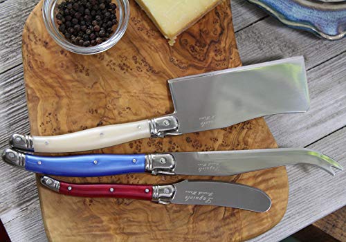 Laguiole Connoisseur Cheese Knife Set of 3 – Stainless Steel Cheese Knives Set – Cheese Spreader, Spear & Cleaver Knife – Luxurious Charcuterie Accessories for Parties (3-Piece, Red/White/Blue)