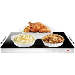 chefman electric warming tray with adjustable temperature control, glass top large 21”x16” surface keeps food hot,black