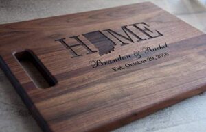 personalized laser engraved wood cutting board with state shape design