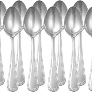 Amazon Basics Stainless Steel Dinner Spoons with Pearled Edge, Set of 12, Silver