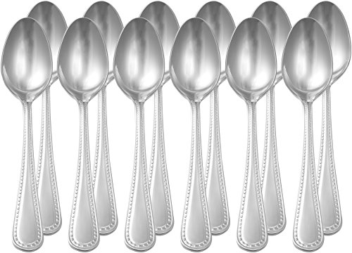 Amazon Basics Stainless Steel Dinner Spoons with Pearled Edge, Set of 12, Silver