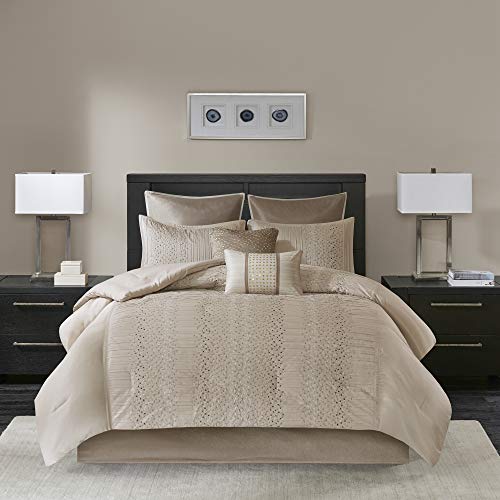 Madison Park Camelia Cozy Comforter Set-Trendy Design All Season Down Alternative Luxury Bedding with Matching Shams, Decorative Pillows, King (104 in x 92 in), Natural 8 Piece