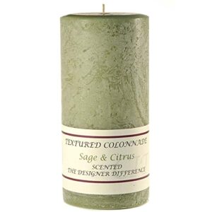 textured 4x9 sage and citrus pillar candle for wedding/dinner, holiday event, home decoration, 100 to 120 hours, 4 in. diameterx9.25 in. tall, 1 piece