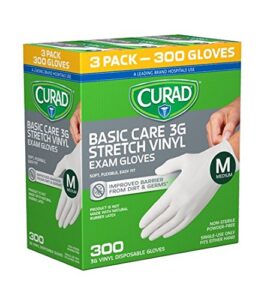 curad basic care 3g stretch vinyl exam gloves, powder free, medium, 100 count (pack of 3)