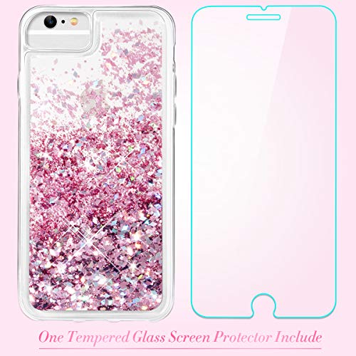 Caka Glitter Case for iPhone 6/6S/7/8 (4.7") with Tempered Glass Screen Protector - Floating Sparkle Liquid TPU - Rose Gold