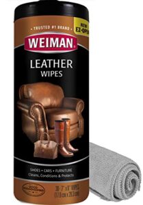 weiman leather cleaner kit leather wipes (30 count) and microfiber cloth - clean and condition car seats and interior, shoes, couches and other leather surfaces