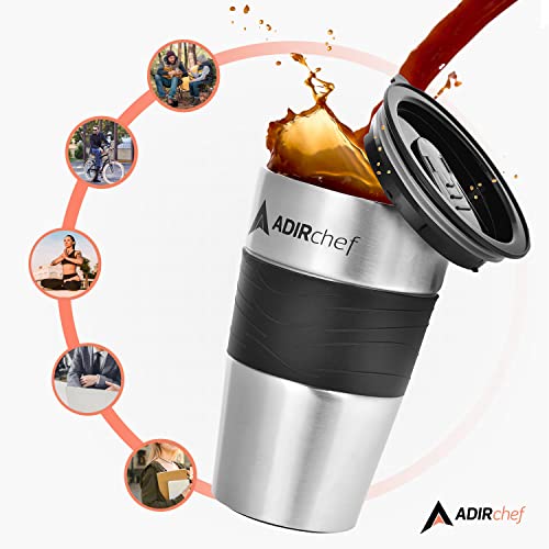 AdirChef Travel Coffee Mug 15 Oz - Insulated BPA Free Stainless Steel Vacuum Tumbler w/Spill Proof Slide Lid for Hot/Cold Drinks Great for Outdoor, Driving, Home or Office Use (Black)