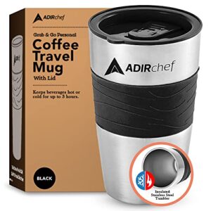 adirchef travel coffee mug 15 oz - insulated bpa free stainless steel vacuum tumbler w/spill proof slide lid for hot/cold drinks great for outdoor, driving, home or office use (black)