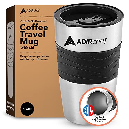 AdirChef Travel Coffee Mug 15 Oz - Insulated BPA Free Stainless Steel Vacuum Tumbler w/Spill Proof Slide Lid for Hot/Cold Drinks Great for Outdoor, Driving, Home or Office Use (Black)