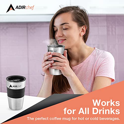 AdirChef Travel Coffee Mug 15 Oz - Insulated BPA Free Stainless Steel Vacuum Tumbler w/Spill Proof Slide Lid for Hot/Cold Drinks Great for Outdoor, Driving, Home or Office Use (Black)