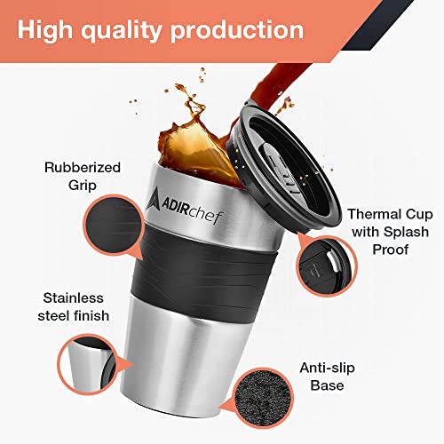 AdirChef Travel Coffee Mug 15 Oz - Insulated BPA Free Stainless Steel Vacuum Tumbler w/Spill Proof Slide Lid for Hot/Cold Drinks Great for Outdoor, Driving, Home or Office Use (Black)