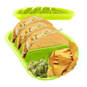 fiesta taco plate by arrow home products, 4 pack - each plate includes 3 taco holders plus 2 compartments - bpa free plastic, made in the usa, dishwasher safe - lime green