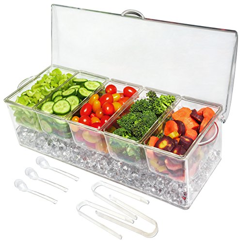 Ice Chilled 5 Compartment Condiment Server Caddy - Serving Tray Container with 5 Removable Dishes with Over 2 Cup Capacity Each and Hinged Lid | 3 Serving Spoons + 3 Tongs Included