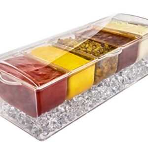 Ice Chilled 5 Compartment Condiment Server Caddy - Serving Tray Container with 5 Removable Dishes with Over 2 Cup Capacity Each and Hinged Lid | 3 Serving Spoons + 3 Tongs Included