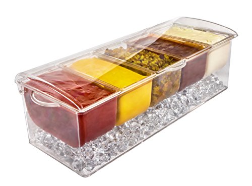 Ice Chilled 5 Compartment Condiment Server Caddy - Serving Tray Container with 5 Removable Dishes with Over 2 Cup Capacity Each and Hinged Lid | 3 Serving Spoons + 3 Tongs Included