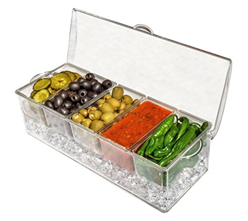 Ice Chilled 5 Compartment Condiment Server Caddy - Serving Tray Container with 5 Removable Dishes with Over 2 Cup Capacity Each and Hinged Lid | 3 Serving Spoons + 3 Tongs Included