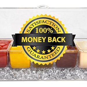 Ice Chilled 5 Compartment Condiment Server Caddy - Serving Tray Container with 5 Removable Dishes with Over 2 Cup Capacity Each and Hinged Lid | 3 Serving Spoons + 3 Tongs Included