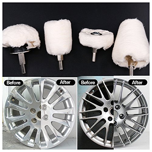Swpeet 4 Pcs White Cotton Polishing Buff Wheel Set for Polishing Tools, Polishing Pad Wheel Set Perfect for Manifold, Aluminum, Stainless Steel and Chrome (Cone/Column/Mushroom/T-Shaped)