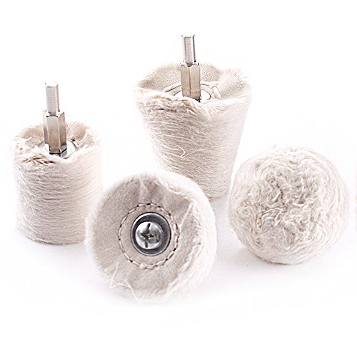 Swpeet 4 Pcs White Cotton Polishing Buff Wheel Set for Polishing Tools, Polishing Pad Wheel Set Perfect for Manifold, Aluminum, Stainless Steel and Chrome (Cone/Column/Mushroom/T-Shaped)