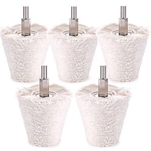 swpeet 5 pcs cone-shaped white flannelette polishing wheel grinding head with 1/4"handle for metal aluminum/stainless steel/chrome/jewelry/wood/plastic/ceramic/glass