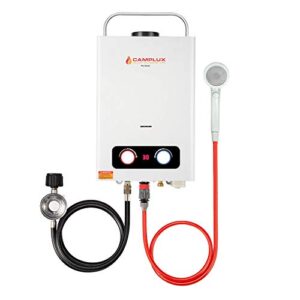 camplux enjoy outdoor life bd158 1.58gpm outdoor propane tankless gas water heater, white, 6l