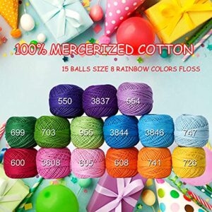 Soft 1500Y 15 Pearl Balls Cardinal Size 8 Rainbow Colors for Crochet Hardanger Cross Stitch Needlepoint Hand Embroidery