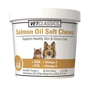 vet classics salmon oil pet supplement for healthy skin, glossy coats – dog coat supplement, cat skin supplement – includes omega-3, 6, 9, source of dha, epa – soft chews 90 ct.