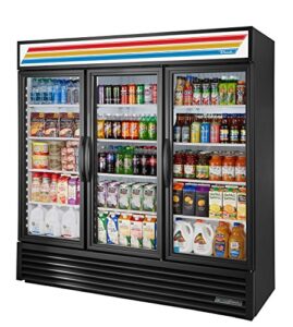 true gdm-72-hc~tsl01 triple swing glass door merchandiser refrigerator with hydrocarbon refrigerant and led lighting, holds 33 degree f to 38 degree f, 78.625" height, 29.875" width, 78.125" length