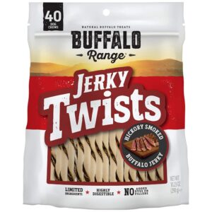 Buffalo Range Rawhide Dog Treats | Healthy, Grass-Fed Buffalo Jerky Raw Hide Chews | Hickory Smoked Flavor | Jerky Twist, 40 Count