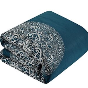 Chic Home CS2687-AN Chic Home 9 Piece Orchard Place Faux Silk Luxury Large Medalion Jacquard with Embroidery Details and Trims Queen Comforter Set Blue