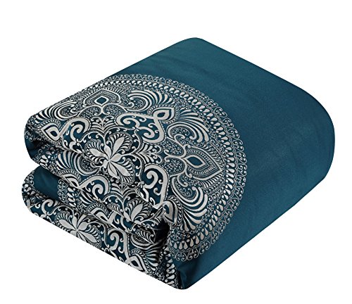 Chic Home CS2687-AN Chic Home 9 Piece Orchard Place Faux Silk Luxury Large Medalion Jacquard with Embroidery Details and Trims Queen Comforter Set Blue