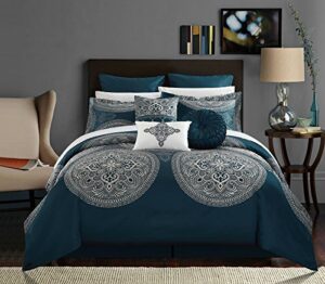 chic home cs2687-an chic home 9 piece orchard place faux silk luxury large medalion jacquard with embroidery details and trims queen comforter set blue