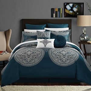 Chic Home CS2687-AN Chic Home 9 Piece Orchard Place Faux Silk Luxury Large Medalion Jacquard with Embroidery Details and Trims Queen Comforter Set Blue