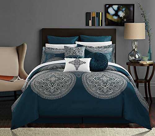 Chic Home CS2687-AN Chic Home 9 Piece Orchard Place Faux Silk Luxury Large Medalion Jacquard with Embroidery Details and Trims Queen Comforter Set Blue