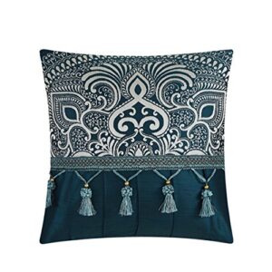 Chic Home CS2687-AN Chic Home 9 Piece Orchard Place Faux Silk Luxury Large Medalion Jacquard with Embroidery Details and Trims Queen Comforter Set Blue