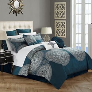 Chic Home CS2687-AN Chic Home 9 Piece Orchard Place Faux Silk Luxury Large Medalion Jacquard with Embroidery Details and Trims Queen Comforter Set Blue