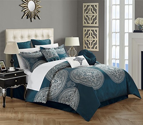 Chic Home CS2687-AN Chic Home 9 Piece Orchard Place Faux Silk Luxury Large Medalion Jacquard with Embroidery Details and Trims Queen Comforter Set Blue