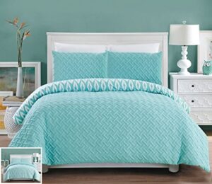 chic home 3 piece ora heavy embossed and embroidered quilted geometrical pattern reversible printed king comforter set aqua