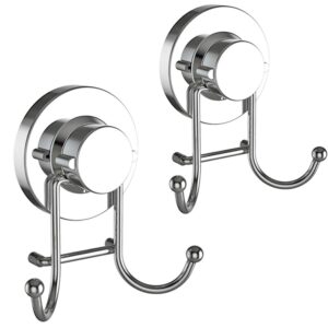 home so suction cup hooks for shower, bathroom, kitchen, glass door, mirror, tile – loofah, towel, coat, bath robe hook holder for hanging up to 15 lbs – rustproof chrome stainless steel (2-pack)