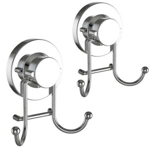 HOME SO Suction Cup Hooks for Shower, Bathroom, Kitchen, Glass Door, Mirror, Tile – Loofah, Towel, Coat, Bath Robe Hook Holder for Hanging up to 15 lbs – Rustproof Chrome Stainless Steel (2-Pack)