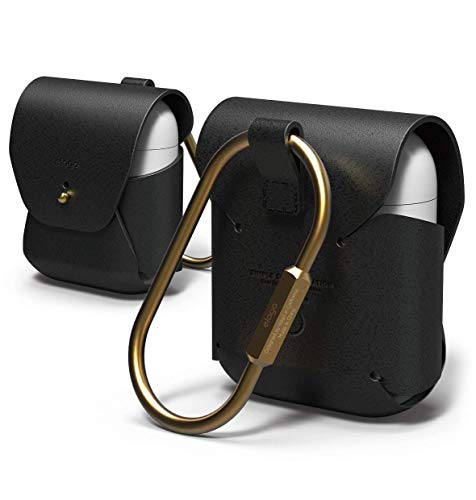 elago Genuine Leather Case Compatible with AirPods 1 Case and Compatible with AirPods 2 Case, Natural Cowhide Leather Case with Brass Ring Holder, Supports Wireless Charging [Black]