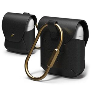 elago Genuine Leather Case Compatible with AirPods 1 Case and Compatible with AirPods 2 Case, Natural Cowhide Leather Case with Brass Ring Holder, Supports Wireless Charging [Black]